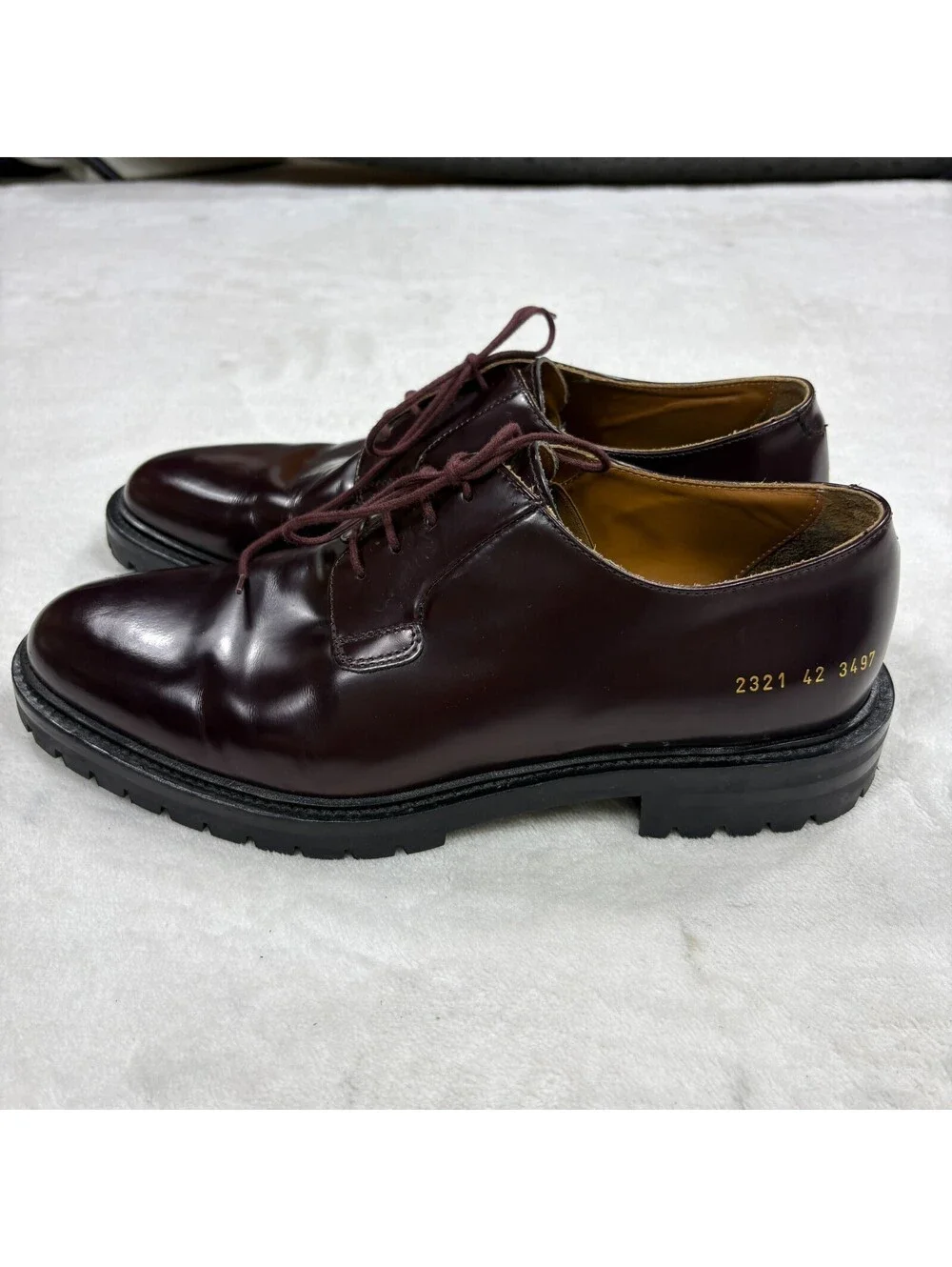 Common Projects 2321 EU 42 Burgundy Leather Derby Lug Sole Shoes Made Italy